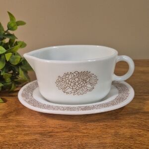 PYREX Vintage Milk Glass Woodland Pattern Gravy Boat With Underplate
